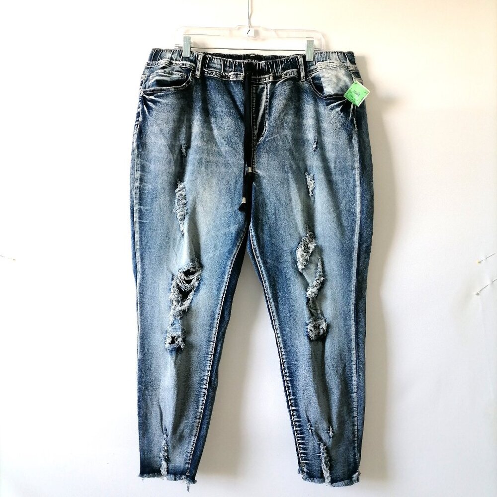Elite Jeans Dark Blue Pull On Destructed Frayed Ankle Skinny Jeans Size 3X